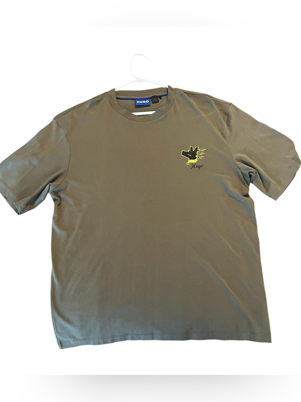 HUGO Olive Green Short Sleeve Crewneck with Yellow Logo